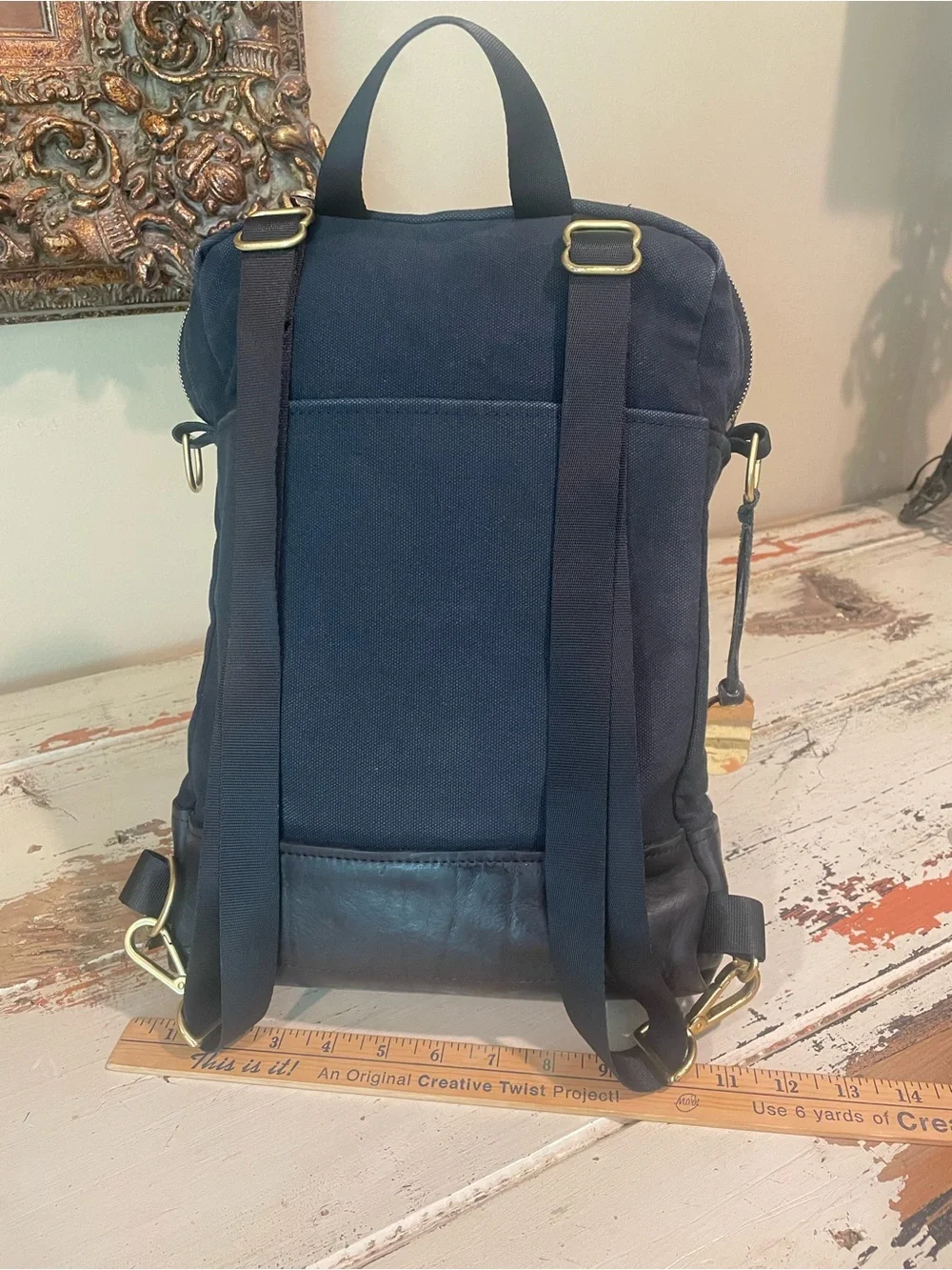 R. Riveter Navy and Black Canvas Leather-Trim Backpack